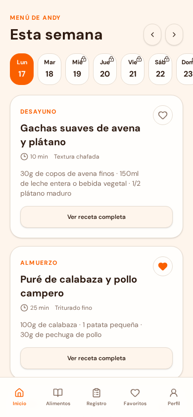 Menú semanal en la app MenusBebe