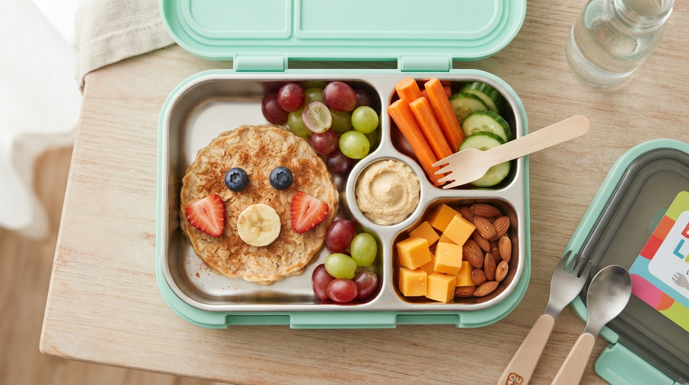 Lonchera con pancake decorado con frutas